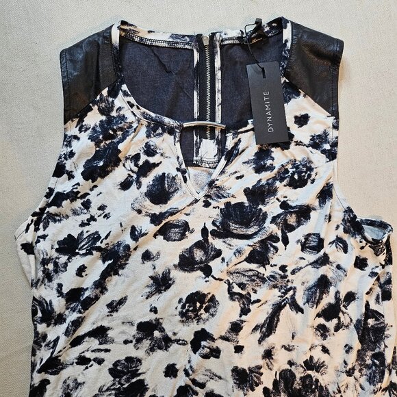 Dynamite Pieced Tunic Tank Black & White Floral - Size L - Picture 3 of 7